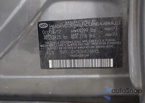 2013 Hyundai Sonata Se from USA, damaged, VIN 5NPEC4AC6DH628845